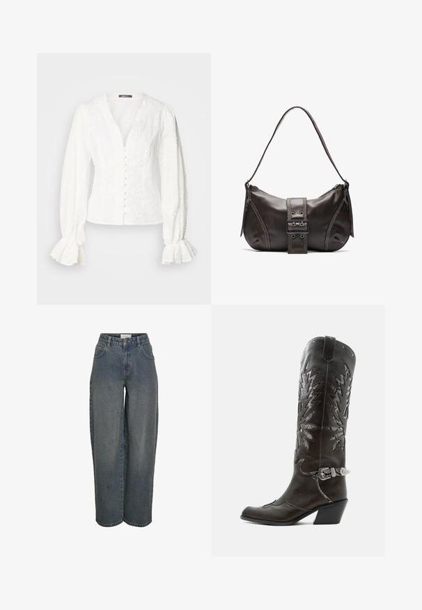 Blusa blanca de manga larga con cuello en V, botones delanteros cubiertos de tela, bordado floral y puños fruncidos sobre un fondo liso.; Jeans de tiro ancho en azul oscuro, hechos de una tela de algodón texturizada. Presentan bolsillos frontales y un cierre de cremallera con botón.; Bota cowboy de cuero negro con recortes decorativos, hebilla plateada y tacón inclinado, presentada sobre fondo blanco.; Bolso de hombro de cuero marrón con forma curva, que presenta un prominente detalle de hebilla, costuras en contraste y una sola correa para el hombro.