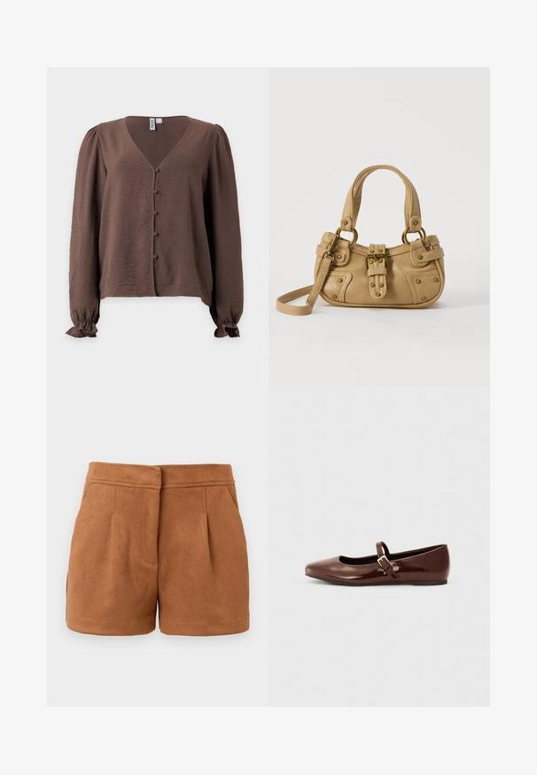 Blouse marron à manches longues avec col en V, boutons recouverts de tissu sur le devant, manches légèrement bouffantes et poignets volantés.; Shorts en faux suède brun avec un design ajusté, dotés de deux poches avant et de plis subtils, offrant une texture lisse et douce.; Ballerine en cuir verni marron avec un bout carré et une lanière ornée d'une petite boucle dorée. Texture lisse, talon bas et design minimaliste.; Sac à main en cuir beige avec double poignées, boucle en laiton et détails rivetés, ainsi qu'une bandoulière réglable sur fond blanc.