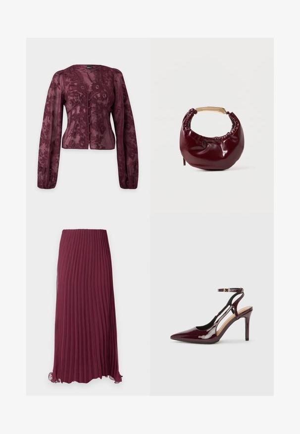 Bourgogne transparent bluse med lange ærmer, blomsterblonde mønster, stofbetrukne knapper foran og let puffede skuldre.; Lang burgunderfarvet plisseret nederdel lavet af letvægtsstof med elastisk talje og en let flæset kant. Teksturerede lodrette plisseringer overalt.; Bordeaux patentlæder højhælede sko med spids tå, ankelrem og udskæringsdetaljer på siderne. Slank og glat finish.; Bordeaux farvet faux læder handbag med en afrundet form, samling detaljer og et guldtonet metalhåndtag. Glat tekstur og blank finish.