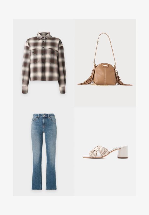 CLOSED CROPPED FRONT OVERSIZED SHIRT - Nööpidega pluus - dark raisin red; Heledad sinine denimist flared teksad, keskmise tõusuga vöökoht, viie taskuga disain ja kontrastne õmblemine. Sile tekstuur kerge pleekimisega.; Beež avatud varbaga „mule“ stiilis sussid põimitud kangaste rihmadega ja plokkkontsaga, lihtsal heledal taustal.; Väike tan-nahast õlakott pika rihma, kuldse ketiga detaili ja mõlemal küljel tuttidega, neutraalse taustaga.