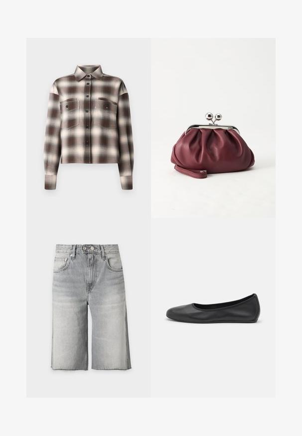 CLOSED CROPPED FRONT OVERSIZED SHIRT - Skjortebluse - dark raisin red; Grå vasket denimshorts med høy midje, frynsete kanter, frontlommer, beltehemper, knapp- og glidelåslukking.; Svart skinnballettflatt med rund tå, glatt tekstur, minimal sømdetalj, og et fleksibelt såledesign.; Liten burgunderfarget lærveske med sølvfarget metallspenne og håndleddsrem på hvit bakgrunn.