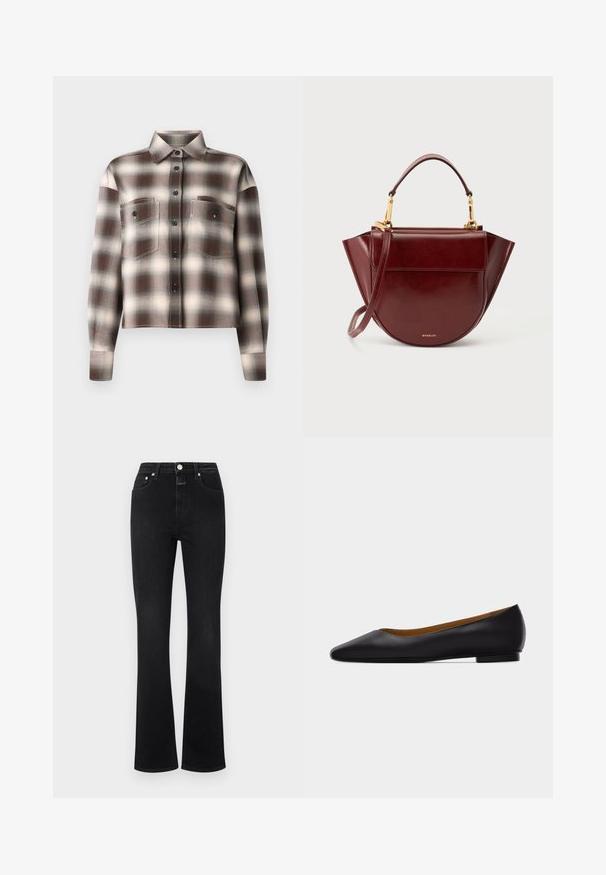 CLOSED CROPPED FRONT OVERSIZED SHIRT - Blúzka so zapínaním na gombíky - dark raisin red; Čierne rozšírené džínsy vyrobené z denimu, s vysokým pásom, piatimi vreckami, zlatým hardvérom a hladkou textúrou.; Čierna kožená dámska obuv s ostrou špičkou, nízkym podpätkom a hladkým povrchom, zobrazená z boku na svetlošedom pozadí.; Tmavočervená kožená kabelka s zaobleným tvarom, horným rúčikom, odnímateľným ramenným popruhom a zlatými kovovými prvkami na bielom pozadí.