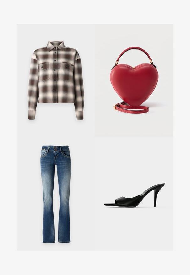 CLOSED CROPPED FRONT OVERSIZED SHIRT - Skjortebluser - dark raisin red; Blå denim flared jeans med en let falmet vask, to-knaps lukning og dekorativ broderi på forlommerne.; Sort læder åben tå højhælet mule med en slank stilet hæl, vist i sideprofil på en ensfarvet baggrund.; Rød læderhåndtaske formet som et hjerte med en top-åndtager og en aftagelig skulderrem mod en ensfarvet baggrund.