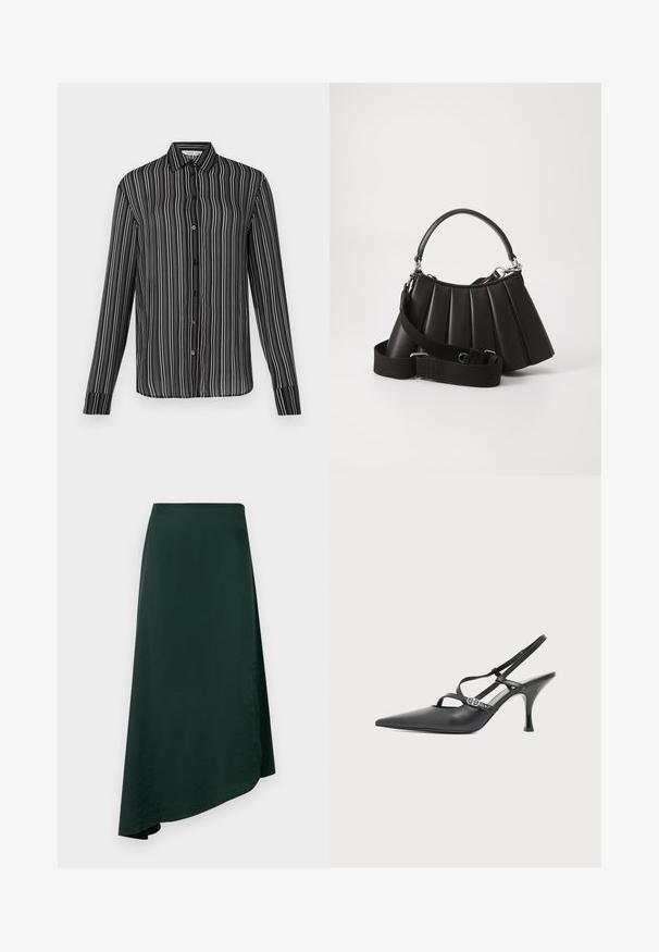 Zwarte button-up overhemd met lange mouwen en witte verticale strepen, weergegeven tegen een eenvoudige lichte achtergrond.; Donkergroene wikkelrok van gladde stof, met een asymmetrische zoom en een naadloze tailleband voor een strakke uitstraling.; Zwarte leren hoge hakken slingback schoen met puntige neus, dunne bandjes en een kleine zilveren gesp op een effen witte achtergrond.; Zwarte geplooide handtas met een ronde handgreep, verstelbare schouderriem en glanzende textuur. Heeft zilveren hardware en een gestructureerde silhoutte.