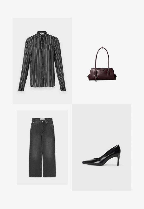 Sort knap-up skjorte med lange ærmer og hvide lodrette striber samt en klassisk krave, vist mod en ensfarvet lys baggrund.; Sorte jeans med vide ben i denim med en falmet finish, der har lukning med knap og lynlås, fem-lomme-design og kontrasterende syninger.; Sort læder højhælede sko med spids tå, glat tekstur og en taperet hæl. Minimalistisk design uden yderligere udsmykninger.; Mørkebrun lædertaske fra Calvin Klein med lange dobbelte håndtag og en lille logohængende ved det ene håndtag.