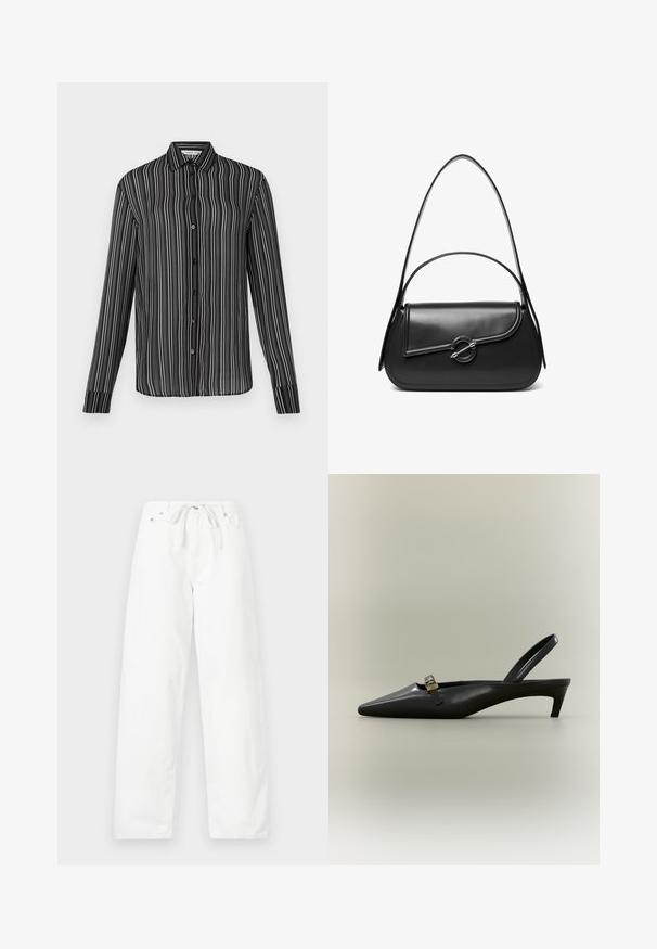 Chemise noire à manches longues, boutonnée sur le devant, avec des rayures verticales blanches et un col classique, présentée sur un fond clair uni.; Pantalons blancs à jambes larges en denim, dotés d'une taille à cordon et de deux poches avant, avec une texture lisse et un design épuré.; Escarpin slingback en cuir noir avec talon kitten, bout pointu et petite boucle dorée sur un fond uni.; Sac à bandoulière en cuir noir avec un rabat incurvé fermé par un fermoir métallique rond et une sangle fine et ajustable.