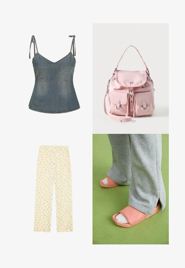 Denim-paita, jossa on säädettävät soljettit, V-pääntie ja levenevä siluetti. Vaaleansininen väri, jossa on näkyviä ompelut=; Vaaleankeltaiset leveät housut, joissa on sininen kukkakuosi. Kuminauha vyötäröllä, pehmeä kangas ja suora leikkaus, joka on suunniteltu mukavuutta varten.; Vaaleanpunaiset kumiset liukusalaliinat leveillä hihnoilla, tekstuuritetuilla yksityiskohdilla, käytetty harmaiden verkkareiden ja valkoisten sukkien kanssa vihreällä pinnalla.; Vaaleanpunainen käsilaukku, jossa yläkahva, säädettävä olkahihna, etutaskun kansi, kaksi etutaskua soljilla ja keskellä sijaitseva solkilukitus.