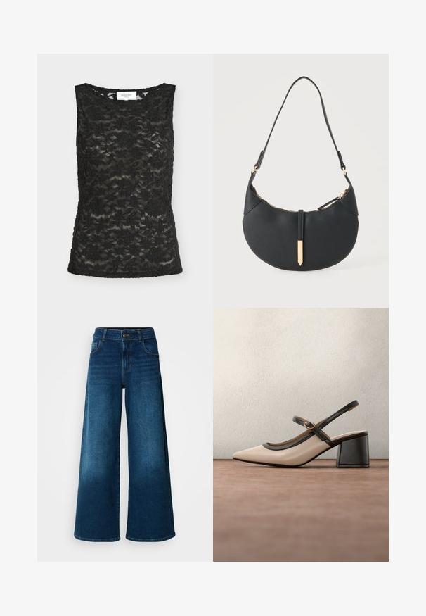 Top sans manches en dentelle noire avec motif floral et col rond, marque Rosemunde Copenhagen.; Jean large en denim bleu foncé. Doté d'une taille haute, d'une fermeture à bouton et d'un design classique à cinq poches avec une légère décoloration.; Chaussure beige à talons hauts avec bride arrière, bout pointu, bordure noire et détail boucle. Matériau lisse à finition mate, talon moyen épais.; Sac à main noir en forme de croissant avec une bandoulière unique, une fermeture éclair dorée et une languette décorative rectangulaire dorée à l'avant.