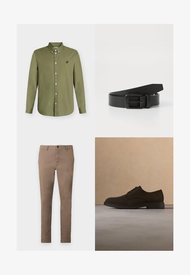 Chemise vert olive à manches longues, boutonnée, col boutonné et petit logo noir brodé sur la poitrine gauche.; Pantalon marron ajusté pour homme avec fermeture à boutons et zip sur le devant, passants de ceinture et poches latérales, présenté à plat sur fond blanc.; Chaussure habillée en cuir marron foncé avec des lacets, flottant au-dessus d'un tapis beige, avec un canapé beige flou en arrière-plan.; Ceinture en cuir noir avec une boucle en métal noir mat, présentant une texture lisse et un design simple. Longueur réglable avec une extrémité effilée.