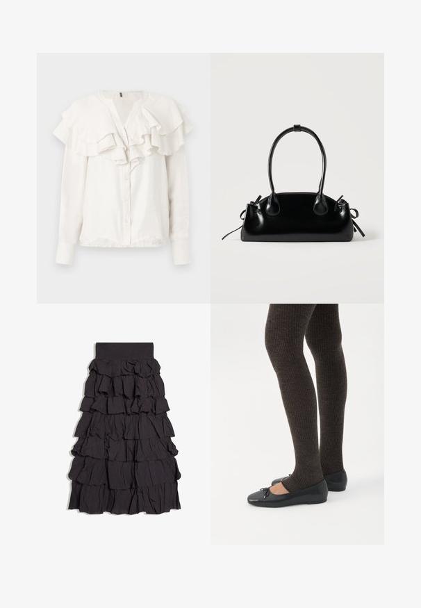 Blouse blanche à manches longues avec col volé et devant froncé, dotée d'une fermeture à boutons et d'un tissu doux et texturé.; Jupe noire à volants superposés avec une large ceinture, présentant plusieurs couches créant un effet texturé et volumineux.; Jambes portant des leggings côtelés foncés associés à des ballerines noires avec de petits détails en nœud sur fond blanc.; Petit sac à main noir brillant avec deux longues anses et des détails à cordon sur les côtés sur un fond clair uni.