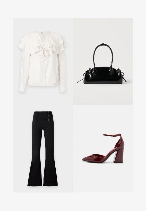 Blouse blanche à manches longues avec col volé et devant froncé, dotée d'une fermeture à boutons et d'un tissu doux et texturé.; Pantalons évasés noirs en denim avec une taille haute, ornés de quatre boutons décoratifs à l'avant et d'une texture lisse.; Escarpin en cuir verni bordeaux à talon haut, avec un bout pointu, une bride de cheville et un talon épais. Texture lisse et design élégant.; Petit sac à main noir brillant avec deux longues anses et des détails à cordon sur les côtés sur un fond clair uni.