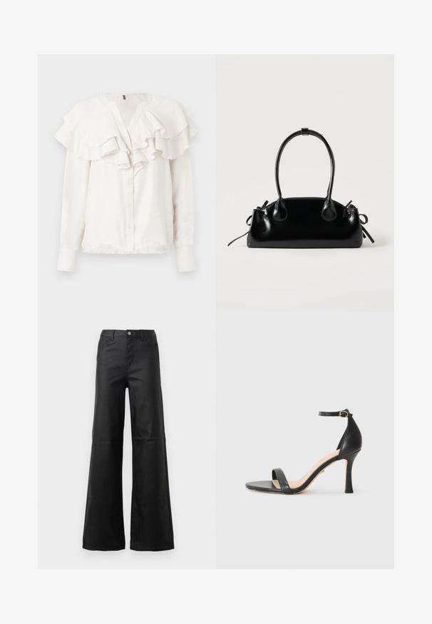 Witte blouse met lange mouwen, voorzien van een rimpelboord en aan de voorkant, met knoopsluiting en zachte, gestructureerde stof.; Zwarte wijde jeans van soepele denim, met een knoopsluiting, voorzakken en een hoge taille.; Zwarte leren hoge hak sandaal met dunne enkelband, open teen en een elegante, gebogen hak. Geverfde zool en minimalistisch ontwerp.; Kleine zwarte glanzende handtas met twee lange hengsels en zijkant trekkoord details op een effen lichte achtergrond.