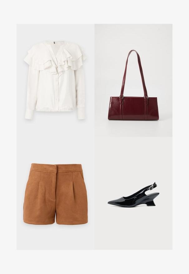 Blouse blanche à manches longues avec col volé et devant froncé, dotée d'une fermeture à boutons et d'un tissu doux et texturé.; Shorts en faux suède brun avec un design ajusté, dotés de deux poches avant et de plis subtils, offrant une texture lisse et douce.; Chaussure slingback en cuir verni noir avec bout pointu et petit talon bloc incliné sur fond clair uni.; Sac à main bordeaux en matériau brillant, de forme rectangulaire, avec deux anses et des accents légèrement courbés à l'avant.