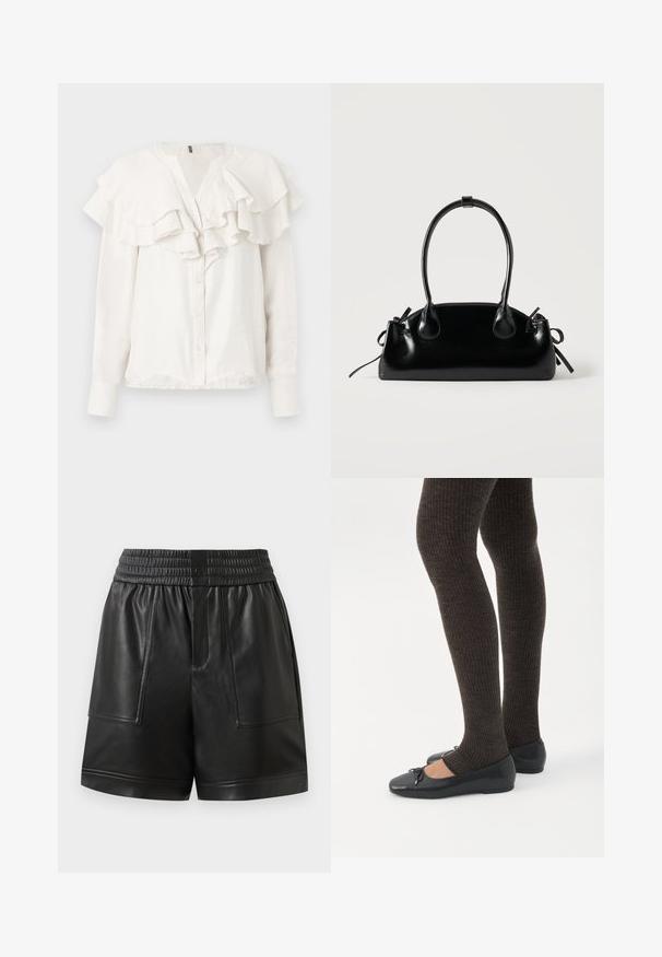 Witte blouse met lange mouwen, voorzien van een rimpelboord en aan de voorkant, met knoopsluiting en zachte, gestructureerde stof.; Zwarte neplederen shorts met elastische tailleband, voorste drukknoop, grote voorzakken en rechte zoom.; Benen met donkere geribbelde leggings gecombineerd met zwarte ballerina's met kleine strikdetails op een witte achtergrond.; Kleine zwarte glanzende handtas met twee lange hengsels en zijkant trekkoord details op een effen lichte achtergrond.