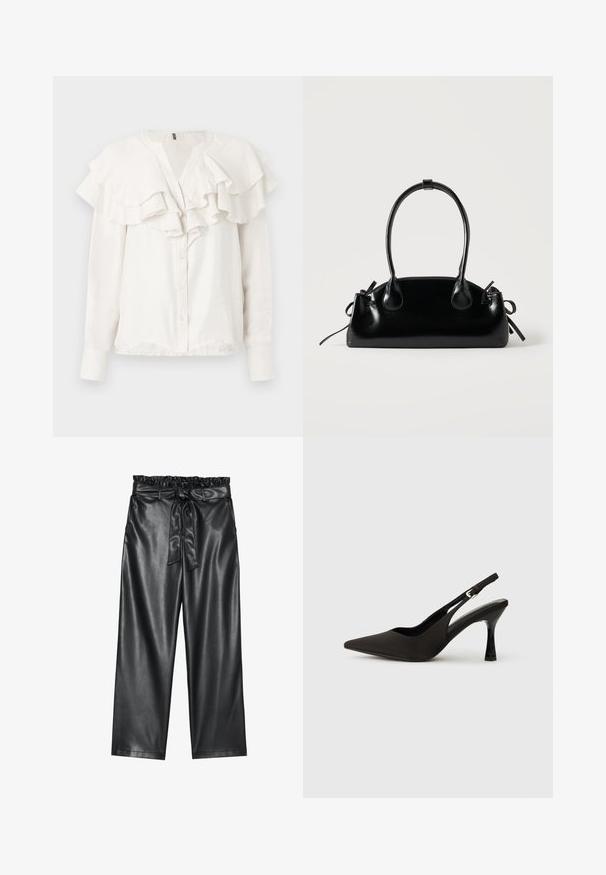 Blouse blanche à manches longues avec col volé et devant froncé, dotée d'une fermeture à boutons et d'un tissu doux et texturé.; Pantalons larges en simili cuir noir avec une taille élastiquée à volant et une ceinture à nouer amovible. Texture lisse et éclat minimal.; Chaussures à talons noires avec une bride, à bout pointu, finition mate lisse et talon fin brillant. Sangle ajustable avec petit détail de boucle.; Petit sac à main noir brillant avec deux longues anses et des détails à cordon sur les côtés sur un fond clair uni.