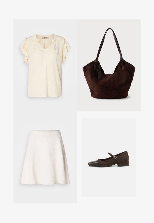 Kortærmet T-shirt med v-hals i lys creme med tekstureret blomsterdesign; har flæser på ærmerne og en afslappet pasform.; Hvid linned nederdel med et svævende, A-linje design. Har en glat talje og en let struktur med subtile folder.; Brun ruskind Mary Jane-sko med en sort laklæder tåhætte, justerbar rem og en lav blokhæl. Glat tekstur med minimale detaljer.; Brun ruskind taske med en blød, slouchy form. Har læderhåndtag og et tag-accent. Enkelt tekstur med buede sømme.