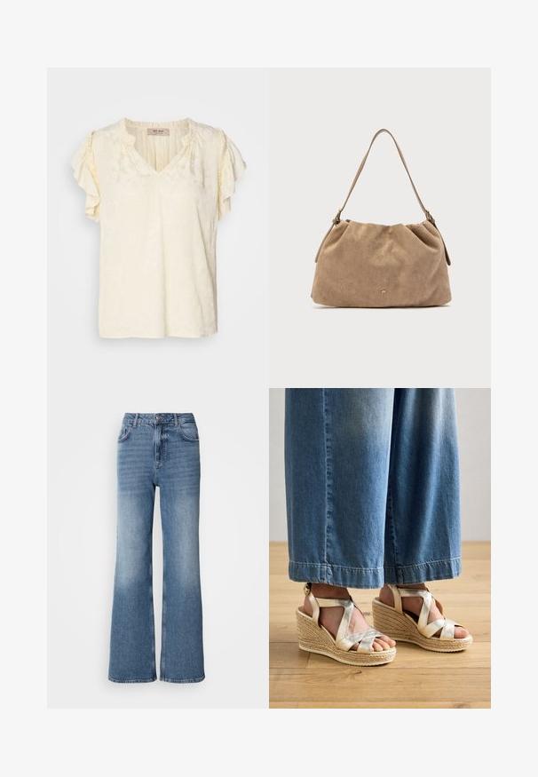 Top de manga corta y escote en V en crema claro con un patrón floral texturizado; presenta mangas con volantes y un ajuste relajado.; Mos Mosh MAI - Vaqueros rectos - blue wash; Sandalias de cuña doradas con tiras, con una base de yute trenzado. Presentan tiras cruzadas anchas y un diseño de punta redondeada. Combinadas con jeans de pierna ancha en azul claro.; Bolso saco de ante en marrón claro con diseño fruncido, una sola correa y un pequeño detalle de logo metálico en el frente.