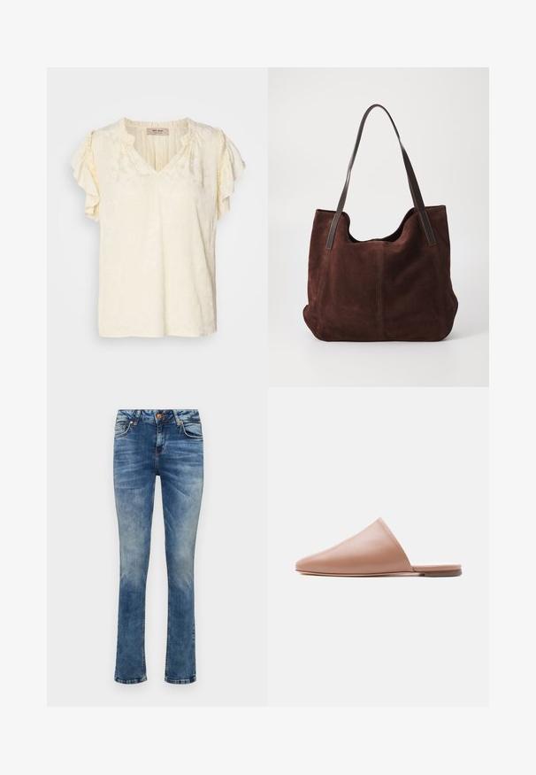 Kortærmet T-shirt med v-hals i lys creme med tekstureret blomsterdesign; har flæser på ærmerne og en afslappet pasform.; Lyseblå denimjeans med lige ben, der har en frontknaplukning, fem lommer og diskret fading.; Beige læder mule uden hæl med spids tå og flad sål, vist i sideprofil på en ensartet lys baggrund.; Brun ruskind tote taske med to mørke læder skulderremme. Blød tekstur, afrundet top og et rummeligt interiør. Ingen synlig hardware eller pynt.