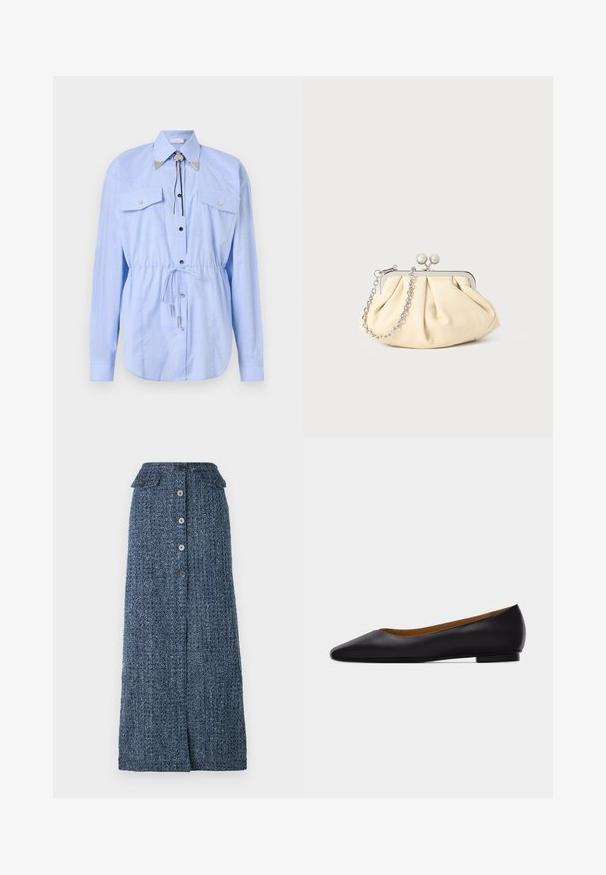 Rabanne Overhemdblouse - tartan/blue/yellow; Denim maxi rok in donkerblauw met een gestructureerde afwerking, met een knoopsluiting aan de voorkant, twee klepzakken en een kleine split aan de voorkant.; Zwarte leren puntschoen met lage hak en gladde afwerking, zijaanzicht op een lichtgrijze achtergrond.; Geplooide beige leren clutch met een zilveren metalen frame, voorzien van twee ronde decoratieve sluitingen en een zilveren kettingriem.