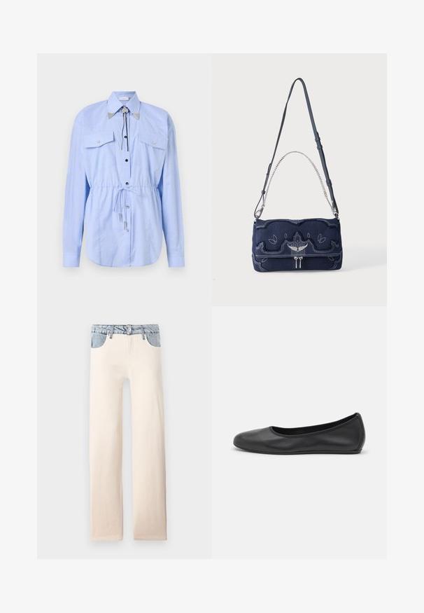 Rabanne Overhemdblouse - tartan/blue/yellow; Lichtbeige rechte jeans met een lichtblauwe denim tailleband en zakdetails, gemaakt van katoen met een gladde textuur.; Zwarte leren ballerina met een ronde neus, gladde textuur, minimale stikdetails en een flexibele zoolontwerp.; Marineblauwe schoudertas met decoratieve witte stiksels, zilveren kettinghengsel, verstelbare leren riem en een zilveren vogel-embleem aan de voorkant.