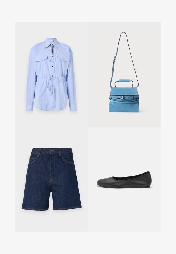 Rabanne Skjortebluser - tartan/blue/yellow; Mørkeblå denimshorts med et klassisk fem-lomme-design, synlig orange syning og en knaplukning i taljen.; Sort læderballetsko med rund tå, glat tekstur, minimal syning og et fleksibelt såldesign.; Blå ruskindshåndtaske med top håndtag, justerbar lang skulderrem og sølv spænde detalje på flaplukning.