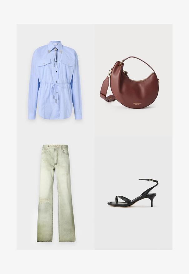 Rabanne Overhemdblouse - tartan/blue/yellow; Vervaagde groene denim jeans met een hoge taille, wijde pijp en versleten plekken. Voorzien van een knoopsluiting en vijf zakken.; Zwarte leren dames sandaal met dunne bandjes, een teengreep, een enkelgesp en een stilettohak van gemiddelde hoogte op een neutrale achtergrond.; Bruine leren handtas in halve maanvorm met gouden ritssluiting en verstelbare schouderriem op een witte achtergrond.