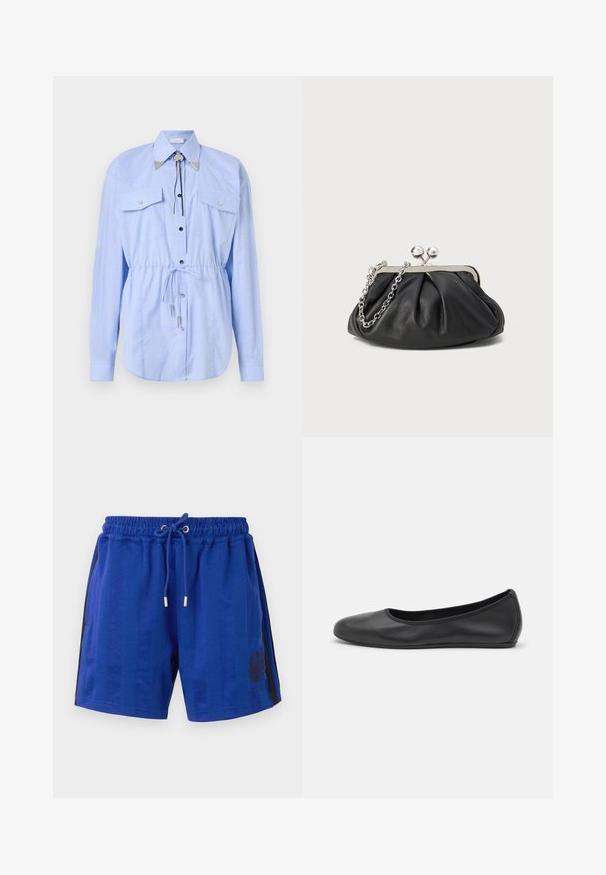 Rabanne Blúzka so zapínaním na gombíky - tartan/blue/yellow; Modré atletické šortky s elastickým pásom, šnúrkou, bočnými čiernymi pruhmi a kvetinovým erbom. Hladká textúra látky.; Čierne kožené baleríny s okrúhlou špičkou, hladkým povrchom, minimálnym prešívaním a flexibilným dizajnom podrážky.; Čierna kožená kabelka s vrúbkovou textúrou, strieborným kovovým rámom, uzáverom na pobozkanie a retiazkou na nosenie. Hladký, jemný povrch.