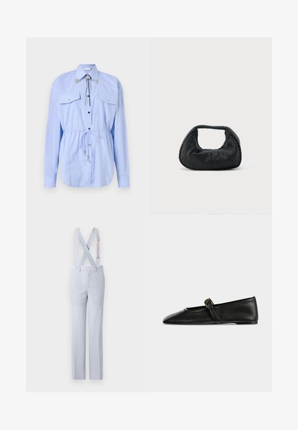 Rabanne Nööpidega pluus - tartan/blue/yellow; Heledad sinised püksid, reguleeritavate X-kujuliste rihmadega, nööbiga vöökohaga ja peente broderoodud detailidega. Sile kangastekstu.; Mustast nahast Mary Jane stiilis madal king terava nina ja õhukese rihmaga, millel on väike kuldne pannal, näidatud küljelt lihtsal taustal.; Mustast punutud hobukott pehme struktuuri ja integreeritud sangaga, esitatud lihtsal heledal taustal.