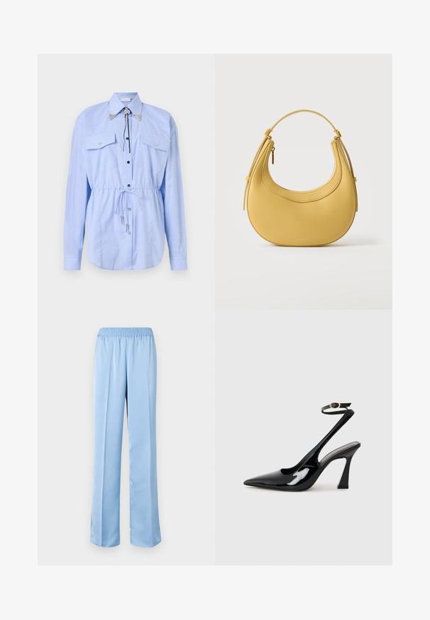 Rabanne Blusa - tartan/blue/yellow; Pantalones de pierna ancha en azul claro con una cinturilla elástica. Textura suave, diseño liso y dobladillo ligeramente acampanado con aberturas laterales en la parte inferior.; Tacan de charol negro con tacón alto de slingback, con punta afilada, correa ajustable en el tobillo y un tacón bloque moderado. Textura suave con acabado brillante.; Bolso de mano de cuero amarillo con forma de media luna, con asa corta y cremallera dorada, exhibido sobre fondo blanco liso.