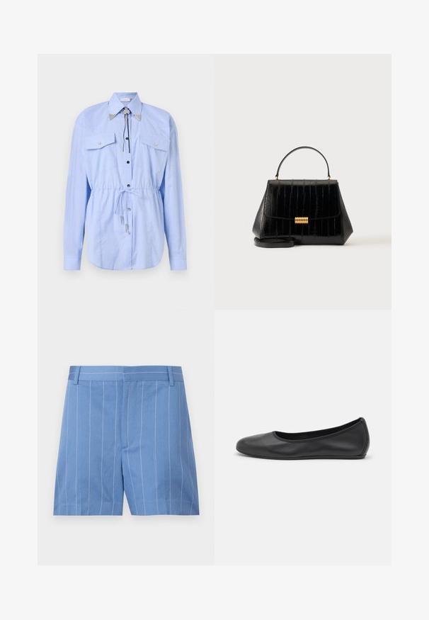 Rabanne Chemisier - tartan/blue/yellow; Shorts bleu clair avec des rayures verticales blanches, présentant une texture lisse, un devant plat et une taille standard avec des passants de ceinture.; Ballerines en cuir noir avec un bout rond, texture lisse, détails de couture minimalistes et design de semelle flexible.; Sac à main en cuir noir avec poignée supérieure, fermoir doré et bandoulière amovible sur un fond clair uni.
