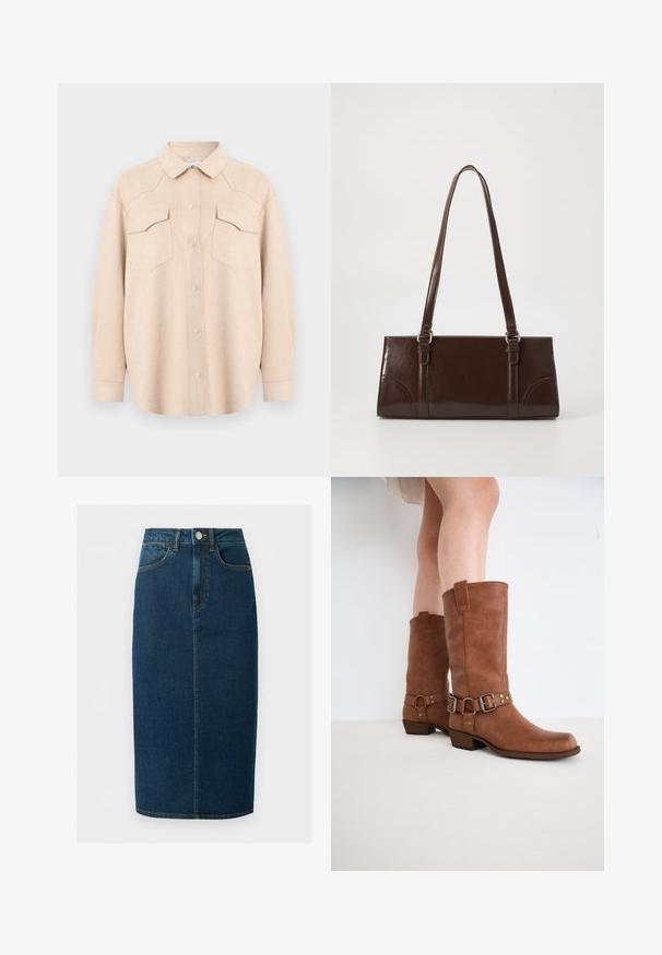 Lysebeige langærmet skjorte med knapper og krave samt to forlommer med klap, vist på en ensfarvet lyse baggrund.; Mørkeblå denim blyantskirt med forreste knapper, bæltestropper og lommer foran og bagpå.; Brune læderankelstøvler med en let spids tå, dekorative spænder og en lav stablet hæl. Glat tekstur med en mat finish.; Brun lakeret håndtaske med rektangulær form, to lange håndtag og subtile buede detaljer på fronten.