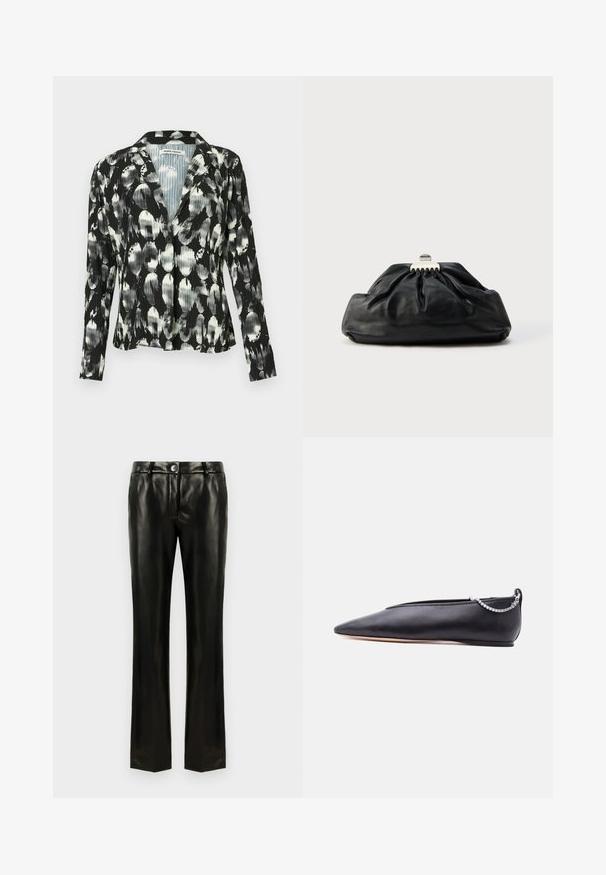 Blazer plisado en blanco y negro con un patrón floral, cierre de un solo botón, cuello con muesca y mangas largas. Detalle de tejido texturizado.; Pantalones rectos de imitación de cuero negro con cierre de botón y cremallera, trabillas para cinturón y bolsillos laterales, exhibidos sobre un fondo blanco.; Zapato plano de cuero negro con punta, tacón bajo y detalle de cadena plateada en la parte trasera sobre un fondo liso.; Bolso de mano de cuero negro con textura recogida, cierre de broche metálico y logo en relieve sutil en el frente. Forma redondeada.