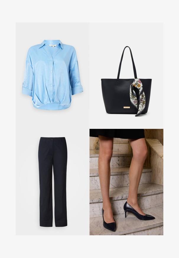 Blouse en satin bleu clair avec des manches trois-quarts repliées, fermeture à boutons sur le devant, col et ourlet froncé.; Pantalon en coton bleu marine à coupe droite, doté d'une fermeture à bouton sur le devant, sans motifs ni ornements visibles.; Des chaussures à talons aiguilles bleu marine avec un bout pointu, présentant une finition lisse et texturée ressemblant à de la peau de crocodile.; Sac fourre-tout en cuir noir avec deux poignées, orné d'une écharpe en soie florale attachée à la poignée et d'un accent logo métallique à l'avant.