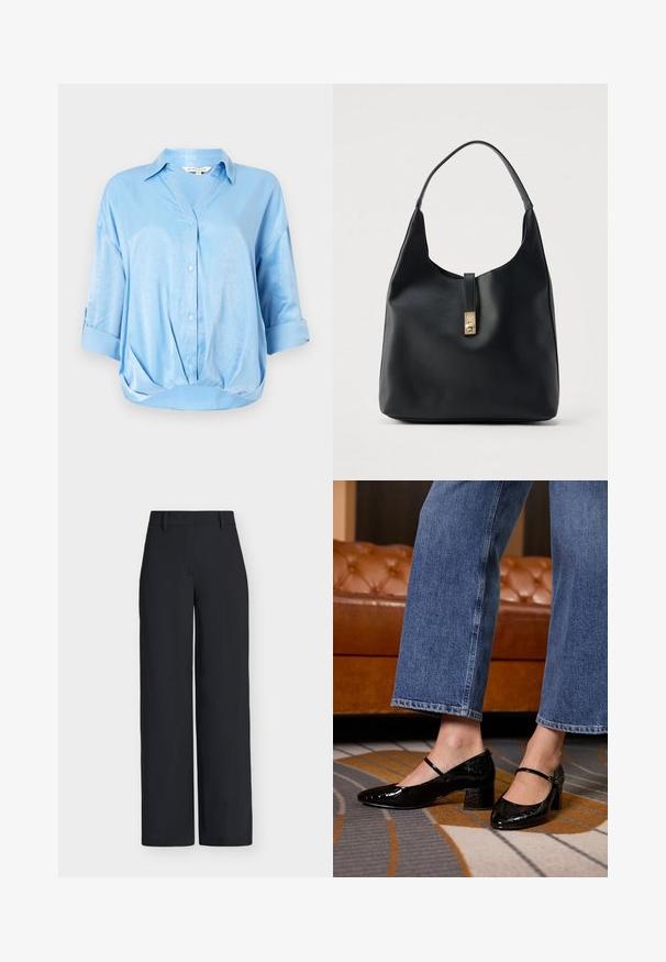Himmelbluse aus Satin mit gefalteten Dreiviertelärmeln, durchgehendem Knopfverschluss, Kragen und gerafftem Saumdetail.; Schwarze, hoch taillierte, weit geschnittene Hose mit Gürtelschlaufen und verdecktem vorderem Verschluss.; Schwarze Lackleder-Pumps mit spitzem Zehenbereich, Blockabsatz und Knöchelriemen, getragen mit weit geschnittenen Jeans auf einem gemusterten Teppich.; Schwarze Leder-Hobo-Tasche mit strukturierter Oberfläche, ausgestattet mit einem goldfarbenen Verschluss und einem einzelnen, gebogenen Griff zum Tragen über der Schulter.