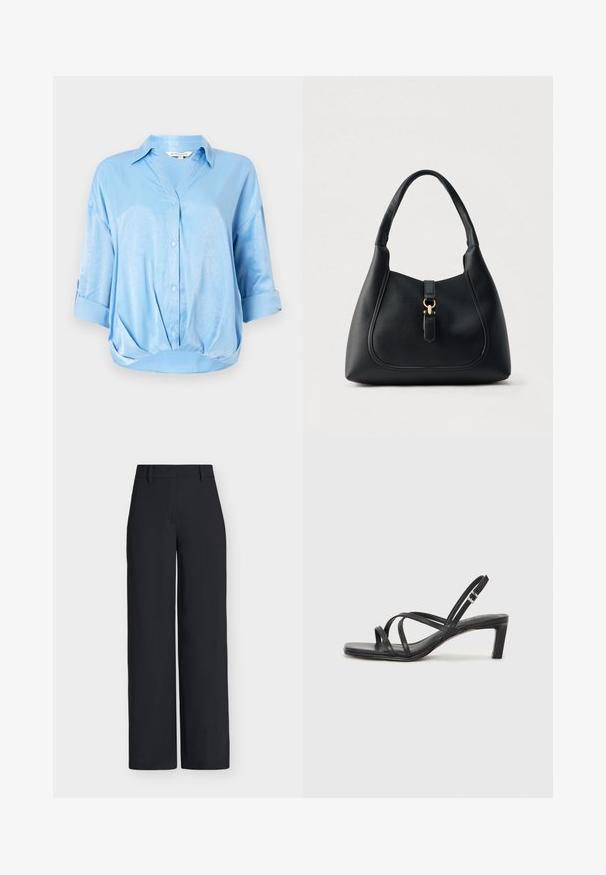 Lichtblauwe satijnen blouse met opgevouwen driekwart mouwen, knoopsluiting aan de voorkant, kraag en gathered zoomdetail.; Zwarte broek met hoge taille en wijde pijpen, riemlussen en een verborgen voorzijde sluiting.; Zwarte sandaal met bandjes, vierkante teen en een lage blokhak. Voorzien van meerdere dunne bandjes en een verstelbare enkelband. Gemaakt van zacht leer.; Zwarte leren handtas met een gestructureerd oppervlak, een gebogen vorm en een gouden accenten in de hardware. Voorzien van een enkele handgreep en een sluitingdetail.