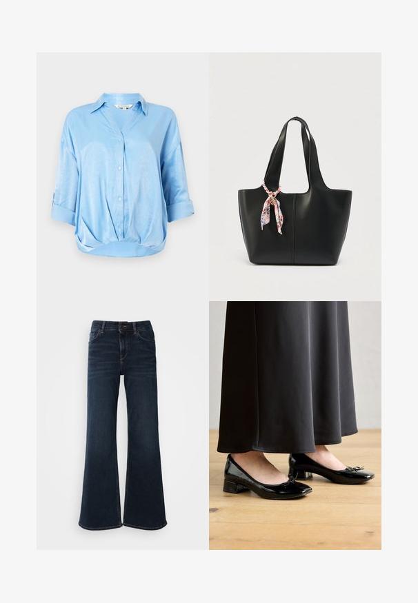 Himmelbluse aus Satin mit gefalteten Dreiviertelärmeln, durchgehendem Knopfverschluss, Kragen und gerafftem Saumdetail.; Mos Mosh HERA - Flared Jeans - dark blue; Schwarze lackierte Ballerinas mit einer Schleifenakzent, niedrigem Blockabsatz und runder Spitze, die mit einem langen schwarzen Rock auf einem Holzfußboden getragen werden.; Schwarze Tote-Bag mit breiten Griffen und einem rosa Blumenschal, der mit einem goldenen Anhänger an einem Griff befestigt ist, vor einfachem Hintergrund.