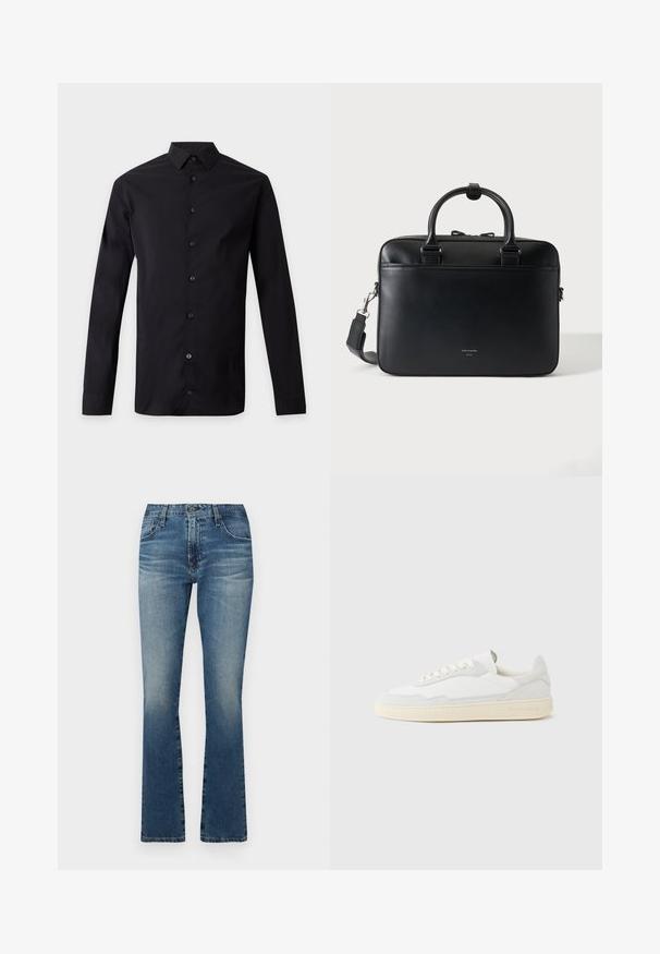 Chemise noire à manches longues avec boutons et col pointu, affichée à plat sur un fond gris clair.; Jean flare en denim de bleu moyen avec une finition délavée, présentant un design classique à cinq poches et des accents en métal.; Baskets blanches avec dessus en daim et cuir texturé. Caractérisées par un bout arrondi, une fermeture à lacets et une semelle en caoutchouc beige contrastante.; Porte-documents en cuir noir avec doubles poignées et bandoulière détachable, design minimaliste sur fond uni.