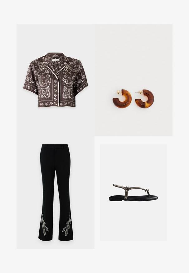 Korte mouwen cropped blouse met knopen en bruine paisley- en bloemenpatronen, witte bies langs de kraag en voorkant.; Zwarte uitlopende broek met geborduurde zilveren bladdesigns bij de zoom. Gemaakt van gladde stof met een gestructureerde tailleband en een slanke pasvorm.; Zwarte platte sandaal met dunne metalen bandjes en een klein merklabel aan de zijkant, ontworpen voor casual zomergebruik.; Bruine acryl hoepel oorbellen met een gekromd ontwerp. Goudkleurige hardware. Glad oppervlak met een glanzende afwerking.
