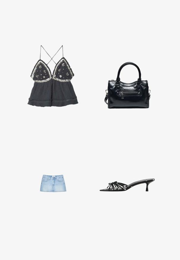 Sort ærmeløs crop top med tynde krydsede stropper, trekantede dekorerede skåle med sølvglimmer og blomsterformede perlemønstre.; Lysblå denimminiskørt med lige snit, fem lomme, og frontknaplukning med bæltestropper. Glat tekstur.; Sort åben tå mule med tynde stropper, sløjfedetalje, lav kitten heel og hvidt polkaprikket mønster på stropper og fodseng.; Sort skinnende læderhåndtaske med to håndtag, lynlåslomme foran og aftagelig skulderrem på hvid baggrund.