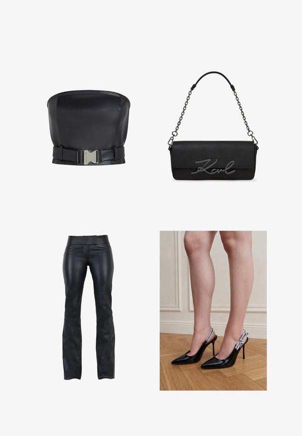 Sort læder top uden stropper med en struktureret design, har en front spænde lukning og en slank, glat tekstur.; Sorte læderbukser med slim fit, flad talje og udskæring i bunden. Glat tekstur og minimalistisk design uden synligt hardware.; Kvinde iført sorte laklæder høje hæle slingback sko med hvide mærkede stropper, står på trægulv.; Sort rektangulær håndtaske med kæderem og stort sort metal "Karl" logo på frontklappen.