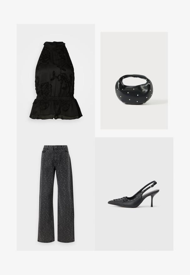 Sort halterneck-top lavet af gennemsigtigt stof med tekstureret blomsterbroderi, der har en elastisk peplum-nederdel og en høj krave.; Noisy May Rhinestone - Jeans Relaxed Fit - black denim; Sorte læder slingback stiletto med spids tå, side spændebånd, nitter langs kanten og dekorativ snøring foran.; Sort læderhåndtaske med en rundet form, dekoreret med sølvnitter, og et kort håndtag. Glat tekstur og lynlåslukning.