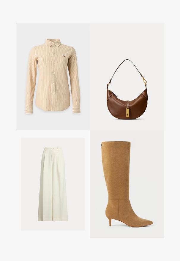 Beige en wit verticaal gestreept overhemd met lange mouwen, knopen, een puntige kraag en een klein geborduurd logo op de linkerborst.; Crèmekleurige broek met wijde pijpen gemaakt van gladde stof, met een hoge taille, twee plooien aan de voorkant en een enkele knoopsluiting.; Lauren Ralph Lauren MCKAY SUEDE TALL BOOT HEEL - Laarzen - camel; Bruine leren handtas in halve maanvorm met een enkele band en een gouden rechthoekig label met een paardenlogo.