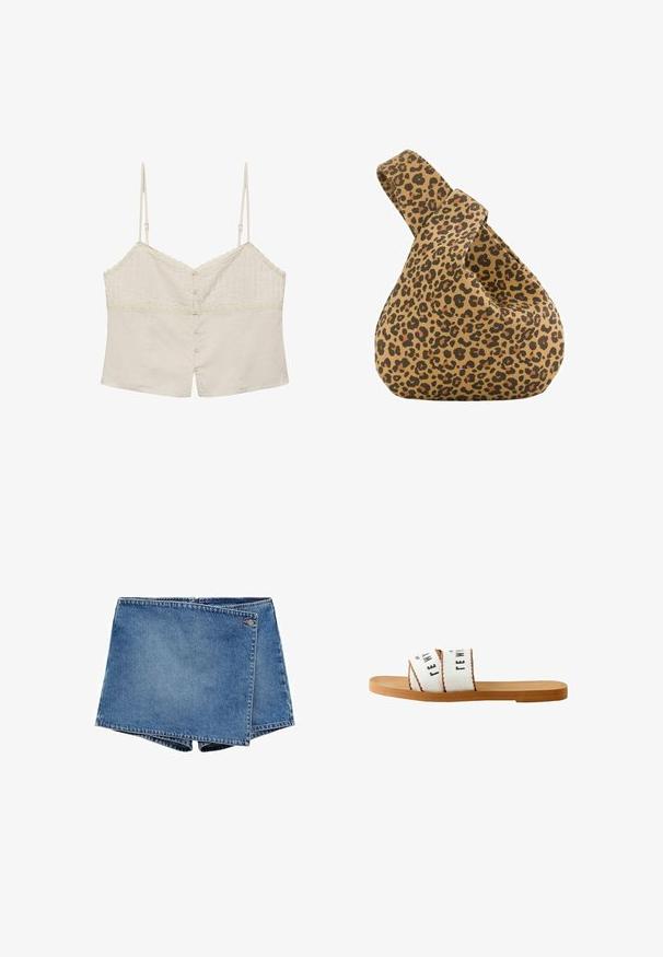 Beige cropped camisole med tynde justerbare stropper, blondekant og knaplukning foran.; Denimshorts i mellemblå med et unikt overlapningsdesign. Har en lynlåslukning og en lille logoaccent på taljen.; Flad brun sandal med en bred hvid stofrem med sort tekst og brun syning tværs over toppen.; Blød stofhåndtaske med bred rem, med brunt og sort leopardmønster på en tan baggrund.