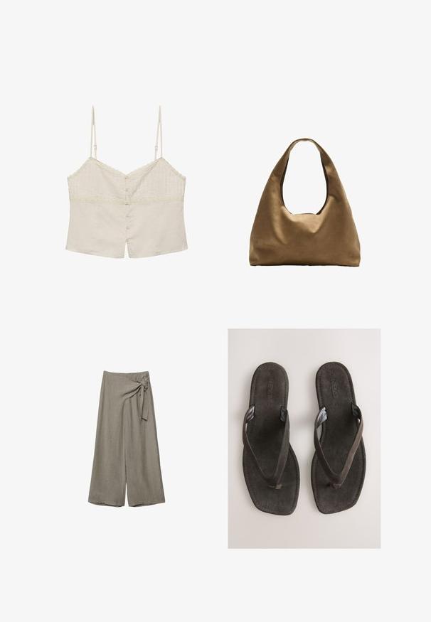 Camisole courte beige avec fines bretelles réglables, bordure en dentelle et fermeture à boutons sur le devant.; Pantalon taupe à jambes larges, taille haute avec un détail de nœud en tissu sur le côté droit.; Tongs en daim marron avec une semelle plate, dotées de brides texturées et d'un design simple. Aucun motif ou accent supplémentaire présent.; Sac à épaule en tissu marron avec un corps large et arrondi et une grande poignée découpée. Texture douce, design minimaliste et aucun matériel visible.