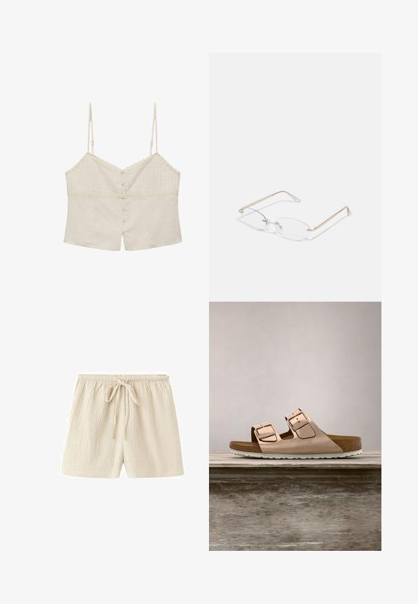 Beige cropped hemdje met dunne verstelbare bandjes, kantafwerking en knoopsluiting aan de voorkant.; Beige katoenen shorts met elastische tailleband en strik aan de voorkant, gemaakt van een lichtgewicht, gestructureerde stof en met een ontspannen pasvorm.; Roze-gouden slidersandalen met twee verstelbare metalen gespen, kurken voetbed en witte rubberen zool. Gladde metalen afwerking, open teen ontwerp.; Gouden metalen bril met ovale lenzen, slanke armen en transparante neus pads. Heeft subtiele scharnieraccenten en transparante lenzen.
