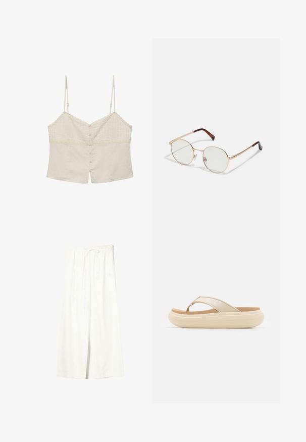 Beige cropped camisole med tynde justerbare stropper, blondekant og knaplukning foran.; Hvide vidde linnedbukser med elastisk talje og snøre, der har sidelommer og et frontslids.; Beige flip-flop sandal med en bred tåstrop og en tyk, rund sål. Har et glat overmateriale og en kontrasterende brun fodseng.; Guldmetals ovale briller med klare linser. Skildpadde-mønster detaljer på stængerne. Justerbare næsepuder for komfort.