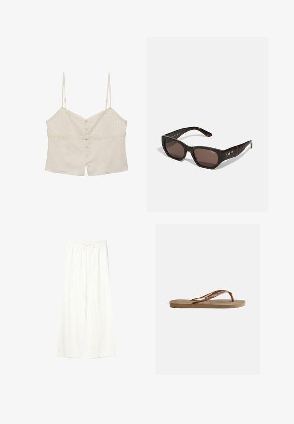 Beige cropped hemdje met dunne verstelbare bandjes, kantafwerking en knoopsluiting aan de voorkant.; Witte wijde broek met elastische tailleband en trekkoord, gemaakt van lichtgewicht stof.; Bruine rubberen teenslipper met gestructureerde zool en merkgebonden V-vormige bandjes op een effen lichte achtergrond.; Tortoiseshell zonnebril met rechthoekige bruine lenzen. Glanzend plastic frame met gouden "vogue" branding aan de zijkant.