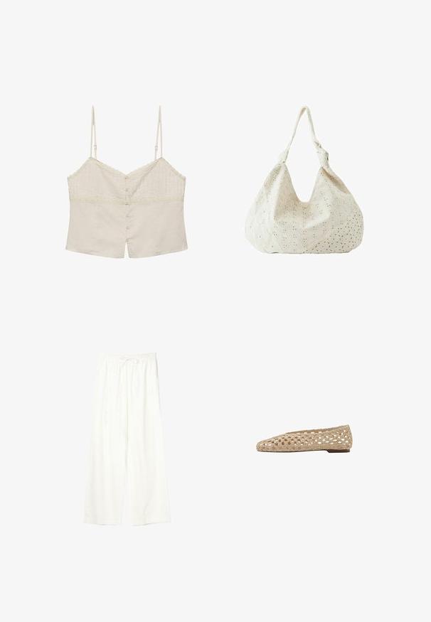 Camisole courte beige avec fines bretelles réglables, bordure en dentelle et fermeture à boutons sur le devant.; Pantalon blanc à jambes larges avec taille élastique et cordon de serrage, en tissu léger.; Chaussure plate beige avec un design en maille ouverte tissée et un petit talon, montrée de profil sur fond blanc.; Sac à épaule en tissu couleur crème avec broderie florale à œillets et une seule bandoulière souple.