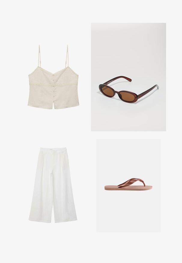Beige, kurz geschnittenes Camisole mit dünnen, verstellbaren Trägern, Spitzenbesatz und vorderer Knopfleiste.; Weit geschnittene weiße Leinenhose mit vorderen Falten und Gürtelschlaufen, entworfen für eine lockere, entspannte Passform.; Einzelne pinke Gummi-Zehensandale mit strukturiertem Fußbett und breitem Y-förmigem Riemen auf schlichtem weißen Hintergrund.; Runde, braun getönte Sonnenbrillen mit einem glänzenden burgunderfarbenen Rahmen. Schlanke Bügel mit dezentem Branding. Flaches Linsendesign.