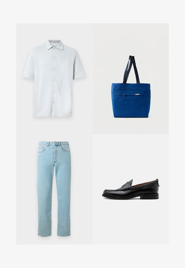 Korte mouwen overhemd met kraag in lichtblauw, structuurstof met een ruitpatroon, voorzien van een knoopsluiting aan de voorkant en een rechte zoom.; Lichtblauwe denim jeans met een rechte pijp, uitgerust met vijf zakken, een ritssluiting en subtiele vervagingen door de stof.; Zwarte leren herensloffen met moc toe stiksel, pennyriem, gestructureerde kraag en lage gestapelde hak op witte achtergrond.; Blauwe canvas boodschappentas met een voorvak met rits, dubbele schouderbanden en een rechthoekige vorm. Heeft een subtiel merklabel.